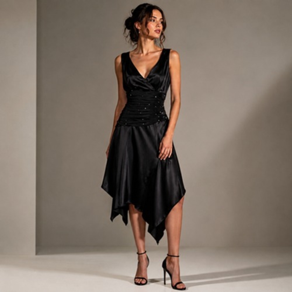 Donna Ricco 100% Silk Black Rhinestone Ruched Dress 4 Y2K Asymmetrical Whimsical